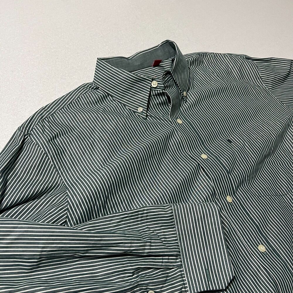 IZOD Mens Large Green White Stripe Button Down Shirt Long Sleeve Preppy
